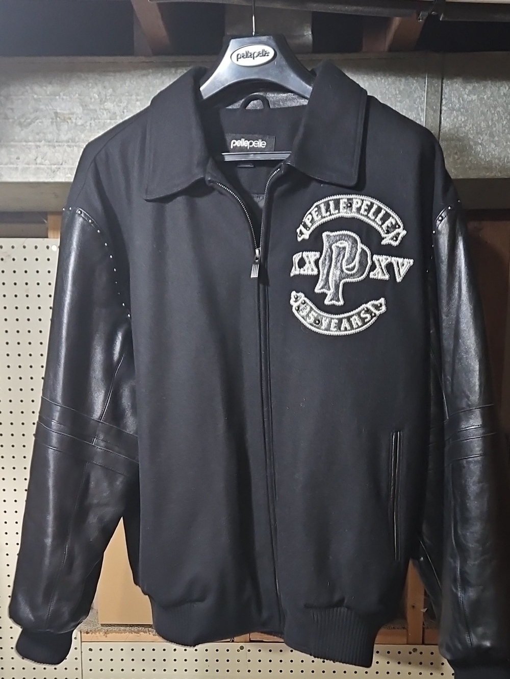 Pelle Pelle Black Varsity Jacket with Leather Sleeves Size 3x